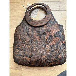 Authentic Hand Marbled WOOD BARK Bag Purse from Indonesia Rosewood handles NWT